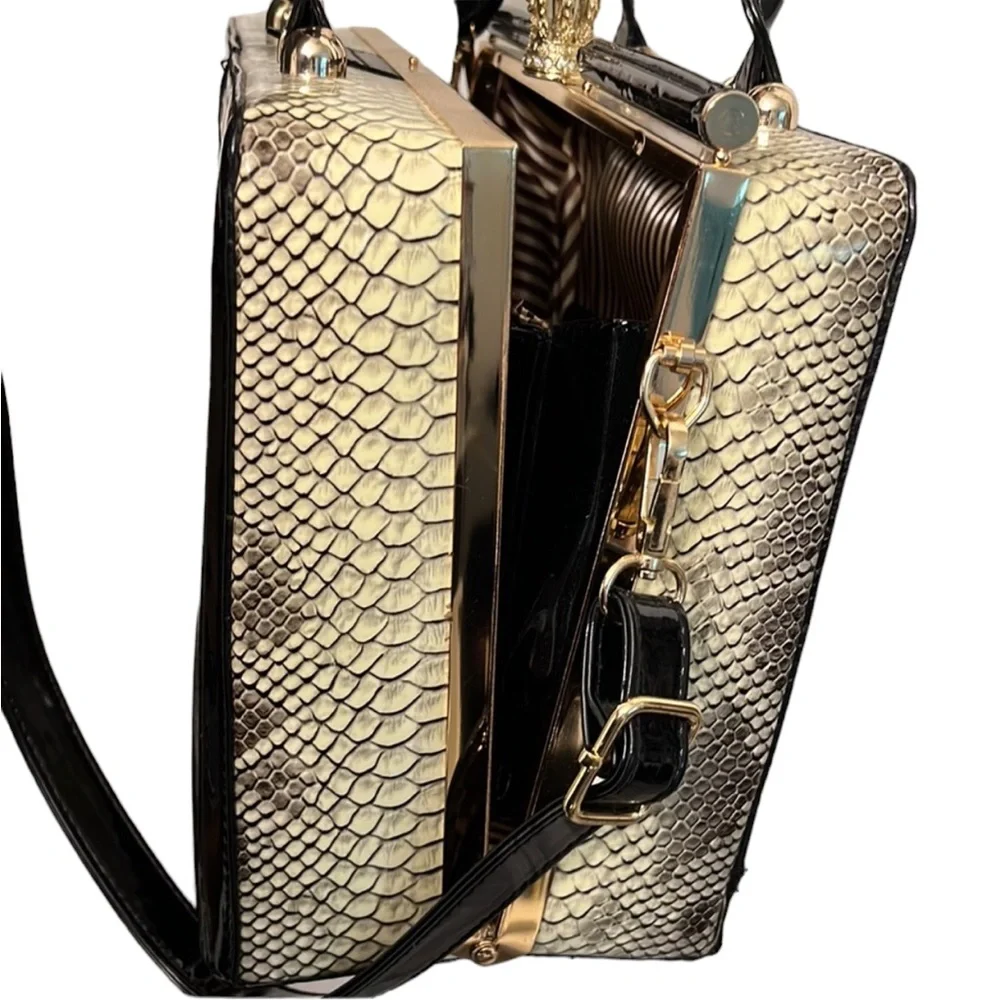 Rimen  & Co brown serpent print patent leather bag removable crossbody strap